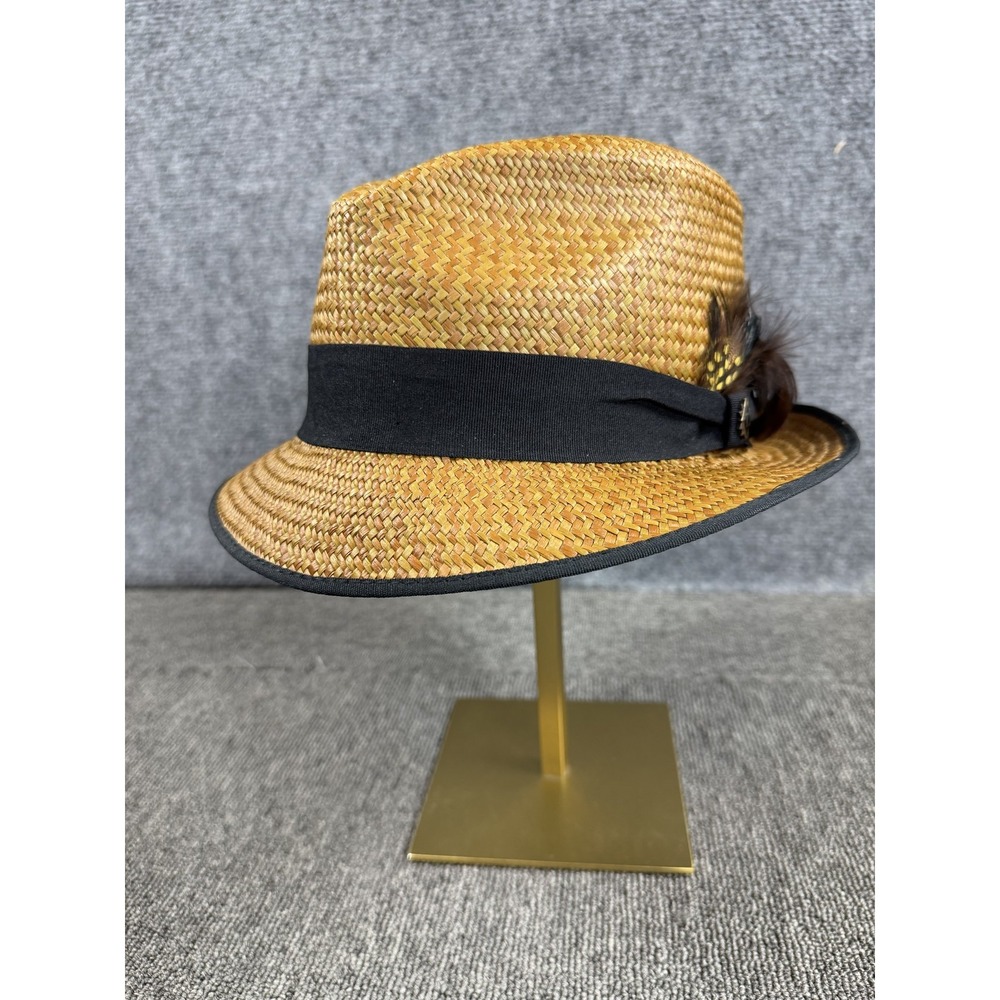 Truffaux Hat Panama Fedora Mens Large Beige Straw Black Band Feather Summer